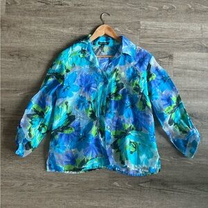 Sheer floral button up blouse, blue sheer button up